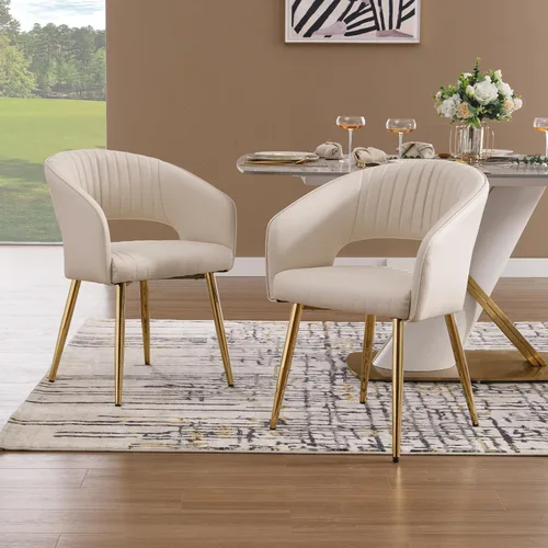Miniatura 27 de Juego de 2 sillas de comedor modernas, tapizadas de piel sintética dorada con respaldo hueco, sillas de cocina con reposabrazos decorativos