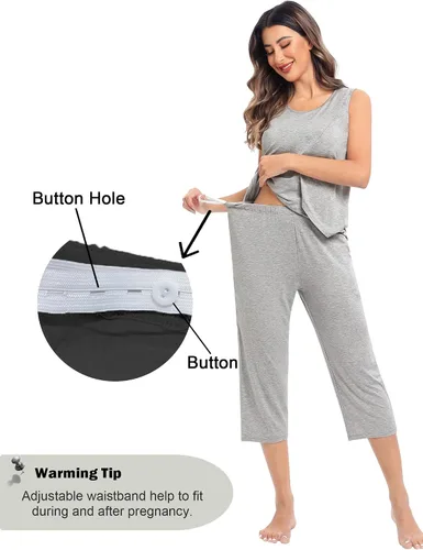 Miniatura 2 de SWOMOG Conjunto de pijama de maternidad para mujer, pijama de lactancia de doble capa, sin mangas, parte superior capri, conjunto de embarazo