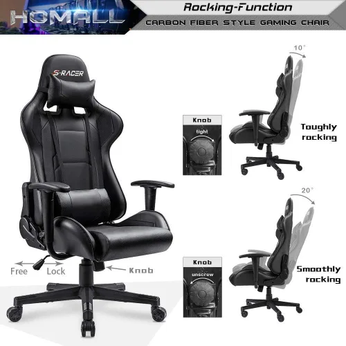 Miniatura 7 de Homall Silla de juegos, silla de oficina con respaldo alto, silla de computadora de cuero, silla de escritorio racing ejecutiva, ergonómica, Negro