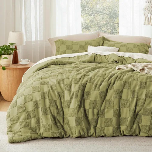 Miniatura 18 de Bedsure Juego de Edredón Tamaño Queen Beige, Juego de Cama Boho con Mechones, Ropa de Cama a Cuadros Estilo Granja Shabby Chic, 3 Piezas, 1 Edredón