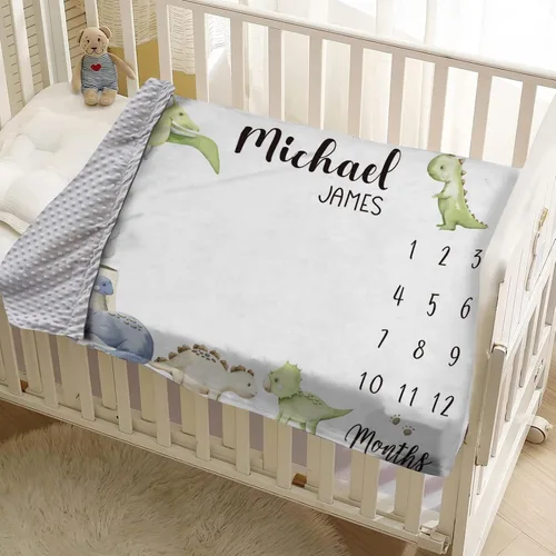 Miniatura 5 de Manta de hito mensual personalizada para bebé, nombre personalizado con diseño de dinosaurio, fondo de fotografía, manta de felpa suave con respaldo