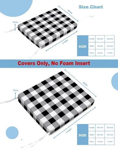 Miniatura 5 de Funda de cojín de asiento impermeable para interiores y exteriores, diseño a cuadros blancos y negros, paquete de 2 con lazos de 20 x 18 pulgadas
