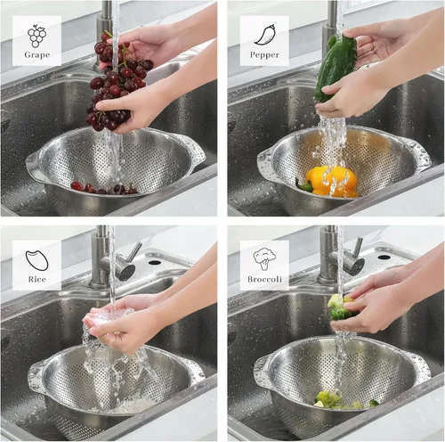 Miniatura 5 de Colador de Micropozos de Acero Inoxidable 18/8, Gran Capacidad de 2.5 Cuartos con Mango, Cesta Coladora de Alimentos de Cocina para Lavar Verduras