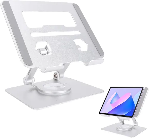 Miniatura 10 de Goshyda Soporte para tableta, soporte de escritorio de aluminio giratorio 360°, soporte de escritorio ajustable y plegable, universal para tabletas