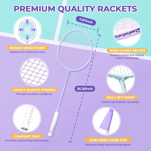 Miniatura 4 de HIRALIY Badminton Rackets Set for Backyards, Badminton Set, Includ 2/4 Rackets, 6/12 Birdies, 1 Carrying Bag, Outdoor Game for Adult Family Beginner