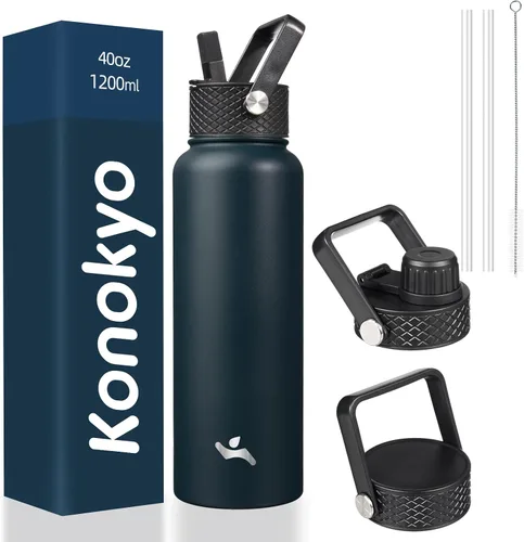 Miniatura 37 de Konokyo - Botella de agua aislada de 18 onzas, botellas deportivas de acero inoxidable con 3 tapas, verde militar