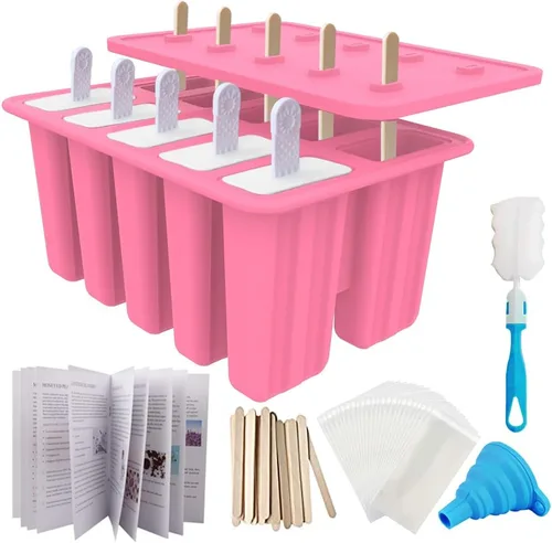 Miniatura 10 de Miaowoof Moldes caseros para paletas de hielo, fabricante de paletas de hielo de silicona de 10 cavidades sin BPA, con 50 palitos, 50 bolsas, 10 Rojo