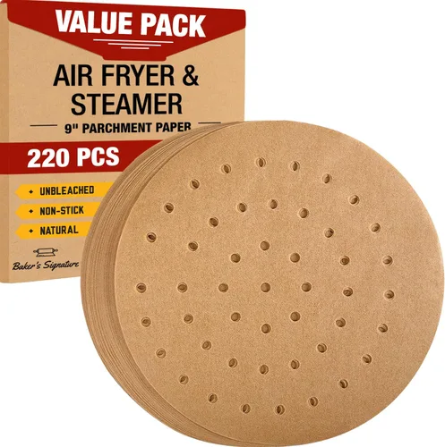 Miniatura 8 de Forro de bambú para vaporizador, hojas de papel pergamino para freidora de aire de 8.5 pulgadas, 220 bolsas de bambú sin blanquear, fácil limpieza