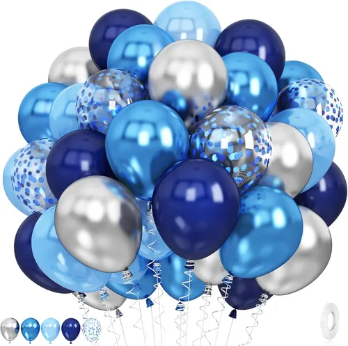 Miniatura 27 de Jobkoo Globos Azules y Blancos, 60 Pzs Globos de Látex Pastel Azul Bebé Plateado de 12 Pulgadas con Globos de Confeti Metálico Globos de Graduación