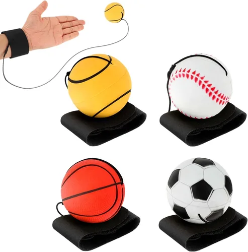 4 bolas de retorno de muñeca, pulsera de bola de rebote de goma de 2 pulgadas en una cuerda deportiva de muñeca, incluye baloncesto, béisbol y