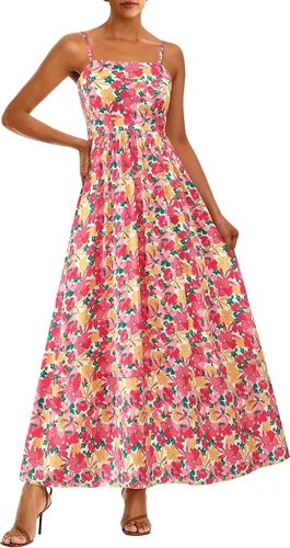 Miniatura 10 de PRETTYGARDEN Vestido largo de verano para mujer, con tirantes delgados, bohemio, floral, a rayas, para invitadas de boda, playa, vacaciones, vestido