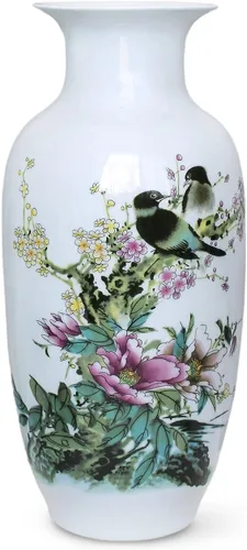 Miniatura 15 de Dahlia Famille - Florero de rosa, hecho a mano, porcelana china, pájaros en peonía, forma de botella china de 8.5 pulgadas