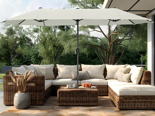 Miniatura 14 de PHI VILLA Sombrilla Grande de Patio de 13 Pies de Doble Cara Gemela para Mercado Exterior con Manivela, Beige