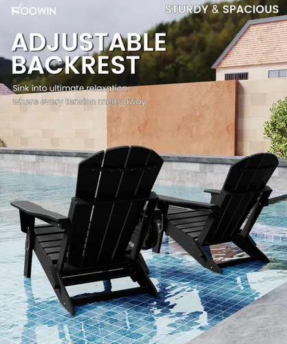 Miniatura 7 de FOOWIN Silla Adirondack plegable ajustable con otomana retráctil, silla Adirondack de polietileno de alta densidad con bandejas 4 en 1, resistente a