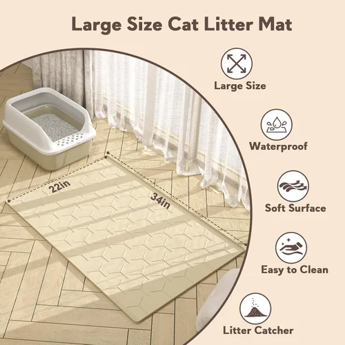 Miniatura 5 de Garoopion Tapete de Silicona para Atrapar Arena para Gatos, Grande Impermeable 34" X 22" Tapete para Caja de Arena de Gatos, Fácil de Limpiar, Beige