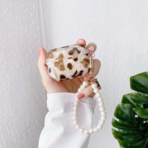 Funda para Airpods de 3ª generación 2021 con llavero de perlas para mujeres y niñas, accesorios compatibles con funda de carga AirPods de 3ª Leopard