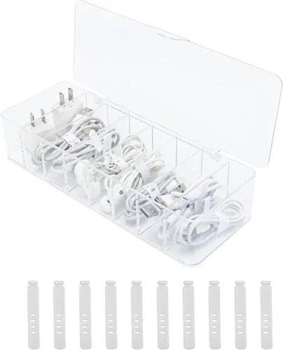 Miniatura 9 de Caja organizadora de cables, caja de almacenamiento de plástico, caja organizadora de cables de alimentación con 10 lazos de goma para oficina