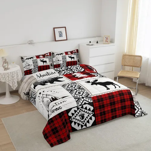 Miniatura 31 de Juego de edredón de cuernos de ciervo tamaño individual, juego de ropa de cama rústica de granja con huellas de oso y pinos para decoración