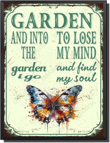 Miniatura 26 de LIUAXICIA Letreros divertidos de metal con texto en inglés "In The Garden to Lose My Mind and Find My Soul Bee Garden - Letreros de lata