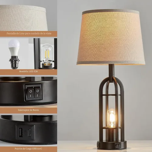 Miniatura 5 de SRJJA Juego de 2 lámparas de mesa negras para sala de estar, lámparas de granja para mesitas de noche con USB A+C, lámparas de noche