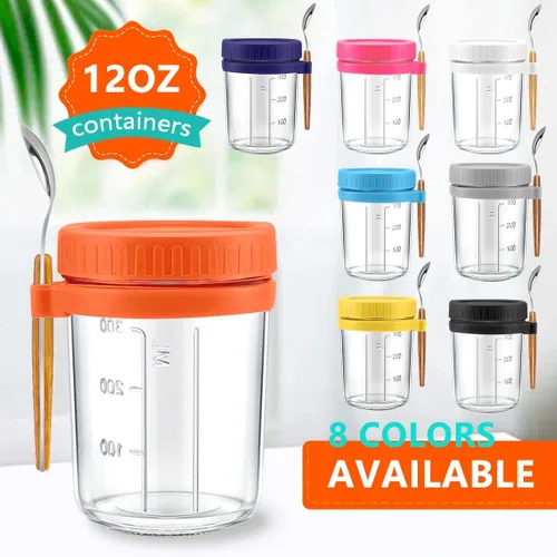 Miniatura 3 de Recipientes de avena con tapas y cuchara, juego de 2 frascos herméticos de 12 onzas con marcas de medición, vasos reutilizables para yogur de Blanco