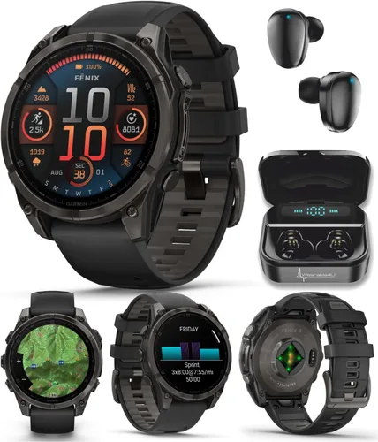 Miniatura 34 de Garmin Fenix 8 – 2 pulgadas, reloj inteligente multideporte GPS AMOLED, zafiro, titanio con banda de silicona naranja brillante/grafito, linterna