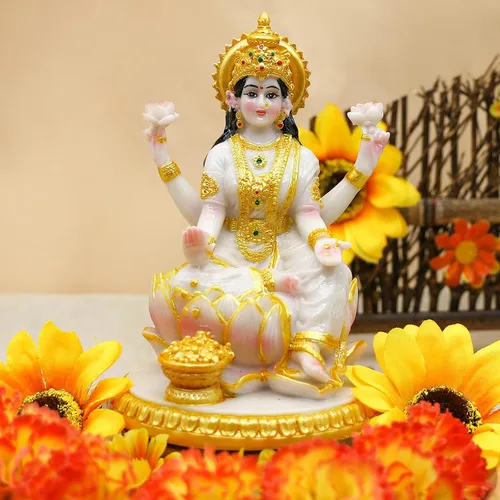Miniatura 2 de alikiki Figura de meditación de la diosa india Lakshmi, 5.7 pulgadas de alto, aspecto de mármol, Murti Laxmi ídolo, estatua para el hogar, oficina