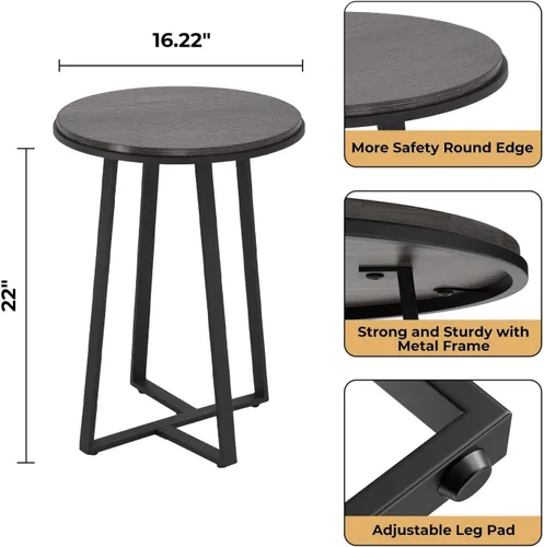 Miniatura 2 de Mesa auxiliar redonda Dorriss, mesa lateral pequeña de color gris con tapa de MDF, estructura metálica negra, mesa auxiliar alta para dormitorio