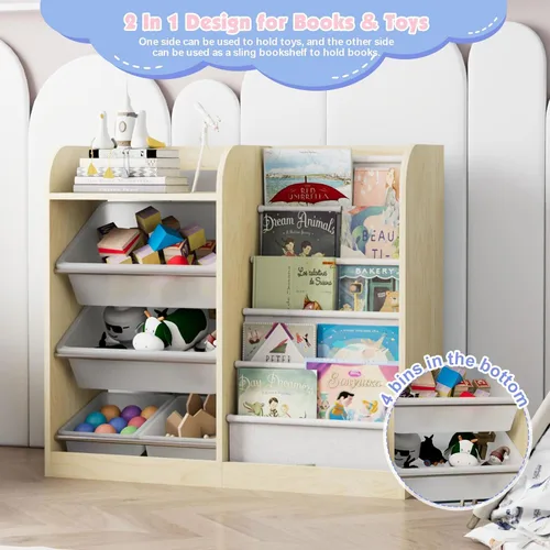 Miniatura 7 de Estantería de madera natural para niños, caja de almacenamiento de juguetes, estante organizador con 4 contenedores de plástico extraíbles