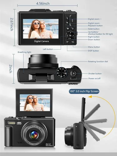 Miniatura 5 de Cámara digital para fotografía, cámara de vlogging 4K para YouTube de 3 pulgadas, pantalla abatible de 180°, zoom digital 18X, cámaras retro