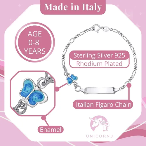 Miniatura 3 de UNICORNJ 925 Italy Sterling Silver Child or Baby Name Bracelet Girls Boys, Personalized Engraved Kids ID Bracelets, 6.25" Figaro Chain, Enamel Charm