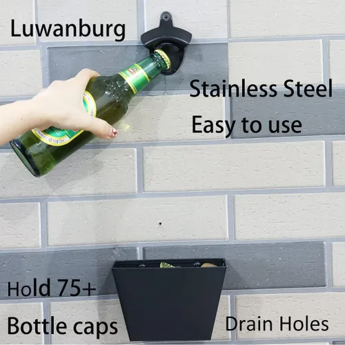 Miniatura 3 de Abrebotellas de montaje en pared negro con orificios de drenaje de acero inoxidable con captador de tapa