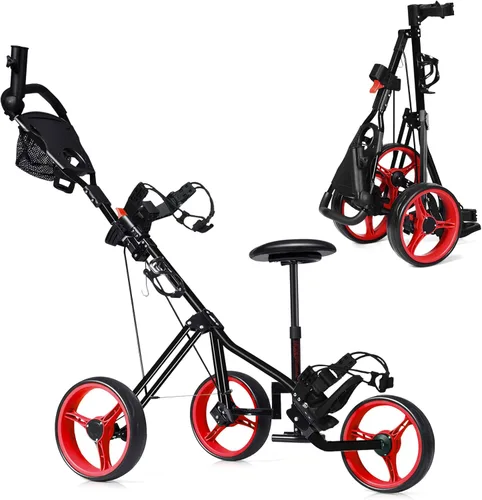 Miniatura 12 de Tangkula Carrito de Golf de Empuje y Tirón con Asiento, Carro Plegable y Colapsable Liviano de 3 Ruedas, Carro de Golf con Freno de Pie, Soporte Gris