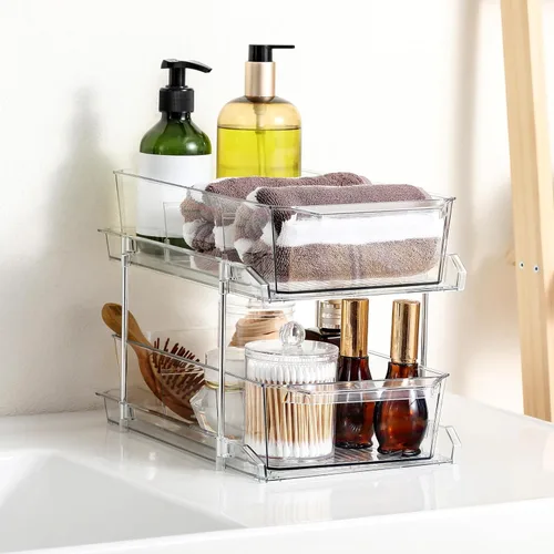 Miniatura 6 de Organizador transparente de 2 niveles con separadores para gabinete, estante, encimera - Contenedor de almacenamiento deslizable multiuso - Cajones