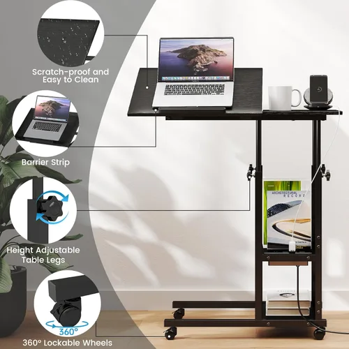 Miniatura 9 de Hadulcet Mesa C Ajustable con Estación de Carga, Escritorio Inclinable Mesa Auxiliar en Forma de C para Sofá, Soporte sobre Cama con Ruedas