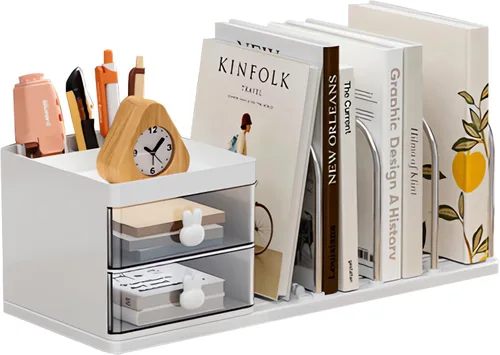 Organizador de escritorio con sujetalibros, caja de almacenamiento de escritorio con 2 cajones, 3 compartimentos superiores y 4 sujetalibros,