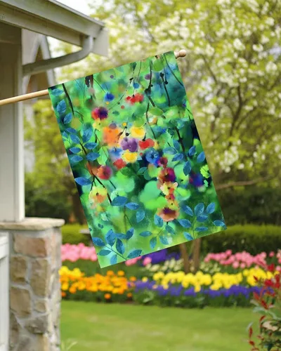 Miniatura 3 de Bandera abstracta de acuarela de primavera con hojas florales verdes de temporada, flores, naturaleza, jardín, patio, 12 x 18 pulgadas, poliéster