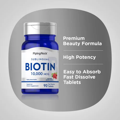 Miniatura 4 de Piping Rock Biotin - Tabletas de disolución rápida de 10000 mcg 90 unidades Píldoras sublinguales con sabor a bayas Máxima fuerza y alta