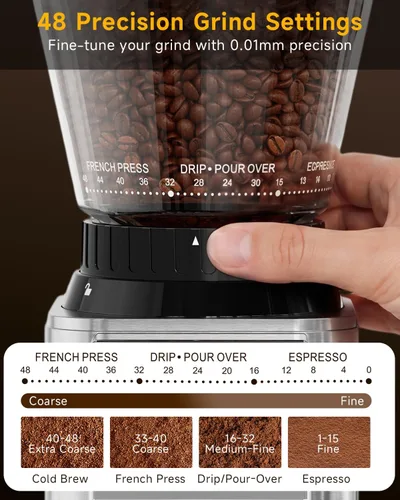 Miniatura 4 de IAGREEA Molinillo de café con rebabas cónicas, 48 ajustes de molienda, antiestático de baja velocidad de 450 RPM, temporizador de precisión, soporte