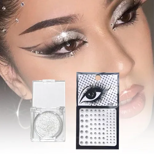 Miniatura 4 de Sombra de ojos con purpurina plateada y 3 piezas de gemas faciales en barra, sombra de ojos y joyas para el cabello, diamantes de imitación