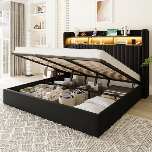 Allewie Marco de cama de almacenamiento hidráulico elevable, tamaño King, cabecero de estante de 2 niveles con luces LED y estación de carga, Negro