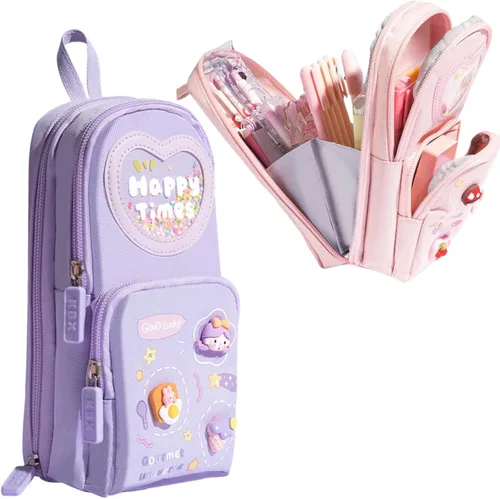 Miniatura 9 de Estuche de cartón lindo con diseño de oso y conejito de fresa, helado, 3 capas, gran capacidad, estuche organizador de cosméticos (rosa-1)