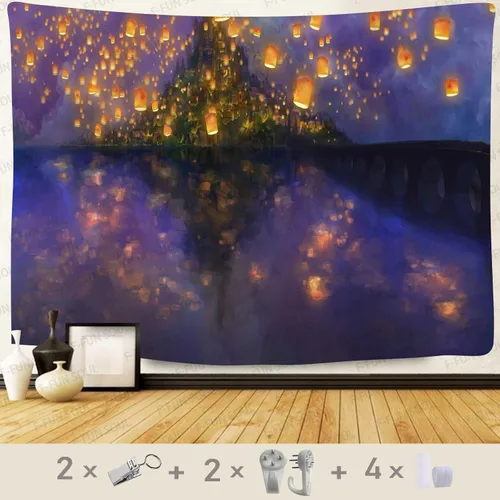 Miniatura 9 de F-FUN SOUL Tapiz de castillo nocturno, franela suave de 40 x 30 pulgadas, diseño de linterna de castillo de dibujos animados, tapices para colgar