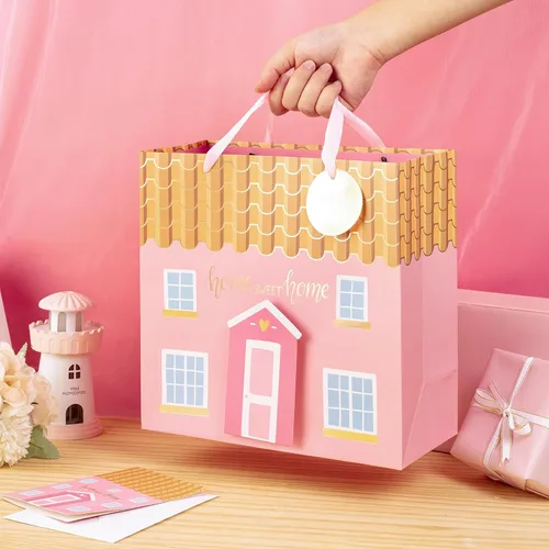 Miniatura 3 de LeZakaa Bolsa de regalo rosa de 10.4 pulgadas con papel de seda, etiqueta de regalo y tarjeta, Home Sweet Home con Paster 3D para inauguración