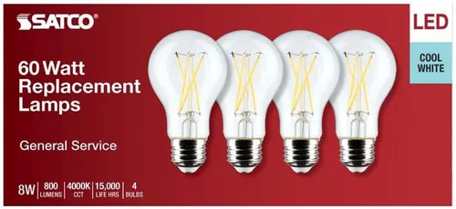 Miniatura 4 de Satco 12464-8A19/CL/LED/E26/940/4PK/120V (S12464) A19 A Line Pear Bombilla LED