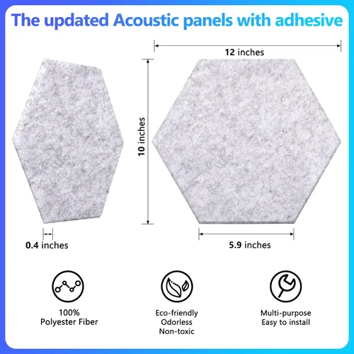 Miniatura 5 de Paquete de 18 paneles acústicos hexagonales, paneles absorbentes de sonido de alta densidad de 12 x 10 x 0.4 pulgadas, paneles de pared gris