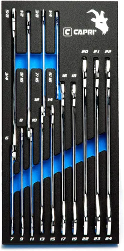 Miniatura 10 de Capri Tools - Juego de llaves de extremo abierto súper finas con estante para llaves, métricas, 6 a 28 mm, 12 piezas