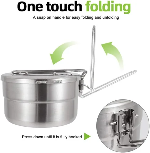 Miniatura 5 de DenpenTEC - Olla de acero inoxidable con tapa y mango plegable, olla Bento de gran capacidad de 1.5 L para acampar y senderismo