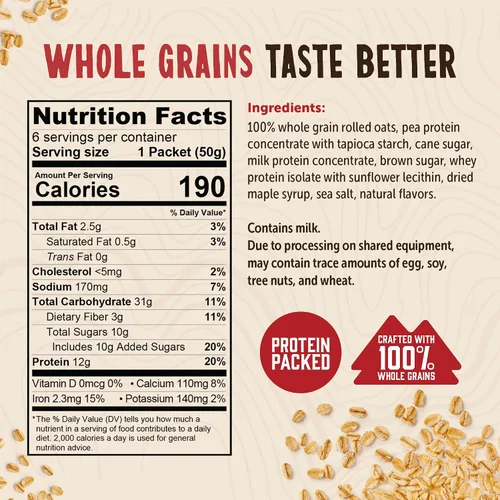 Miniatura 2 de Kodiak - Paquetes de avena instantánea, azúcar morena de arce, alto contenido en proteínas, 100% granos integrales, 6 cajas con 6 paquetes cada una