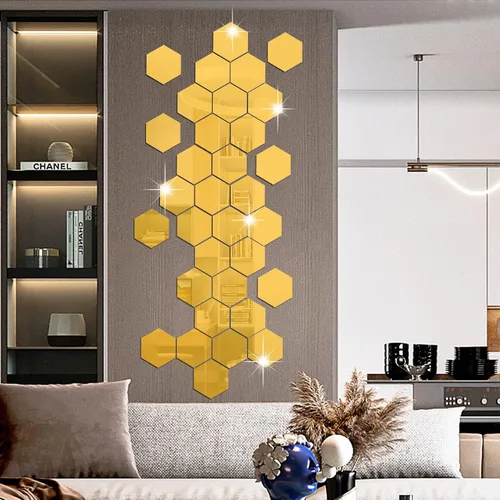 Miniatura 5 de RW-103 - 36 calcomanías acrílicas para espejo hexagonal, bricolaje, removibles, geométricos 3D, decoración de pared para dormitorio, sala de estar